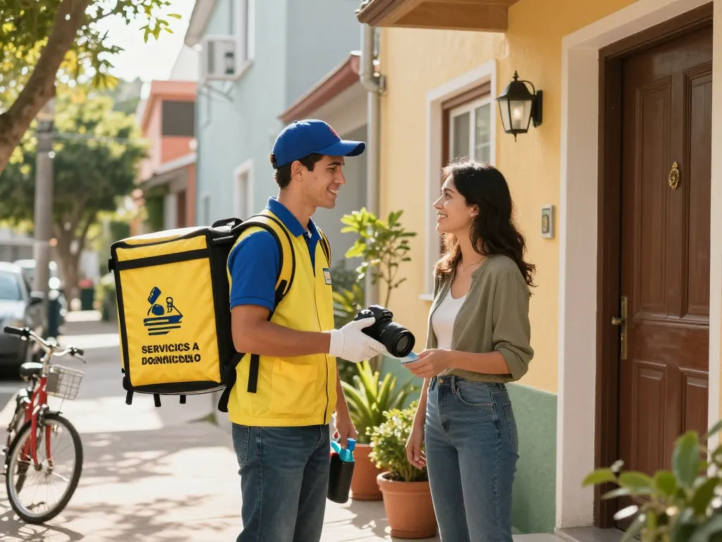 Escena de entrega atractiva de servicios a domicilio con un profesional asistiendo a un cliente en su hogar, reflejando la calidad de los servicios a domicilio.