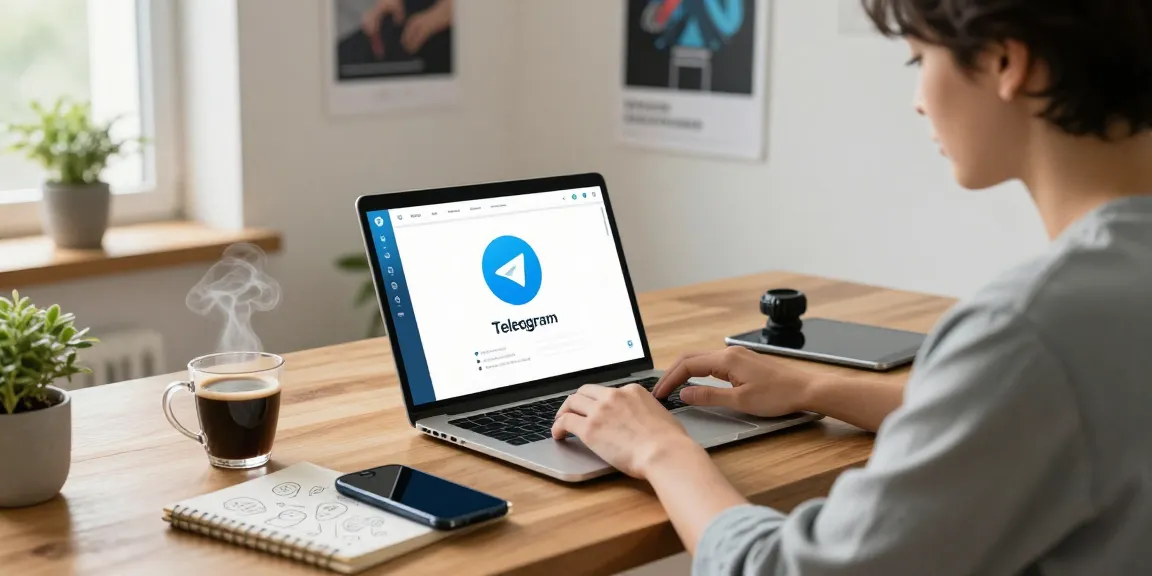 使用Telegram网页版的年轻专业人士在温馨的家庭办公室中工作，展现现代科技与舒适环境。