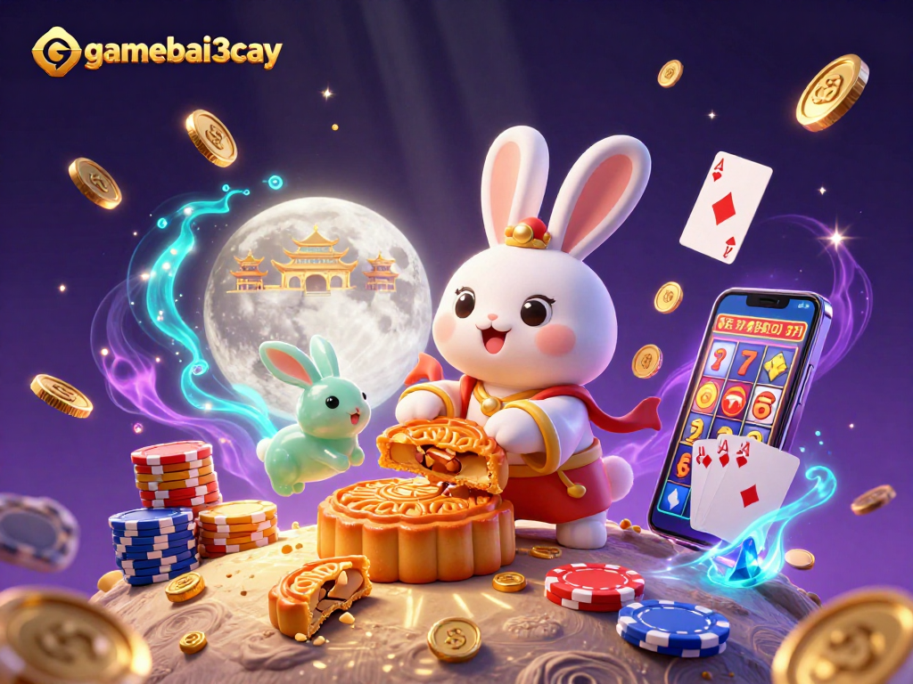 gamebai3cay showcases a dynamic 3D illustration of a moon rabbit celebrating with poker chips and casino elements.
