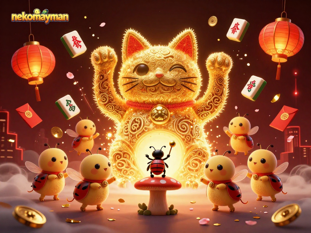 Experience the excitement of nekomayman with a vibrant 3D illustration of a lucky cat and casino elements.