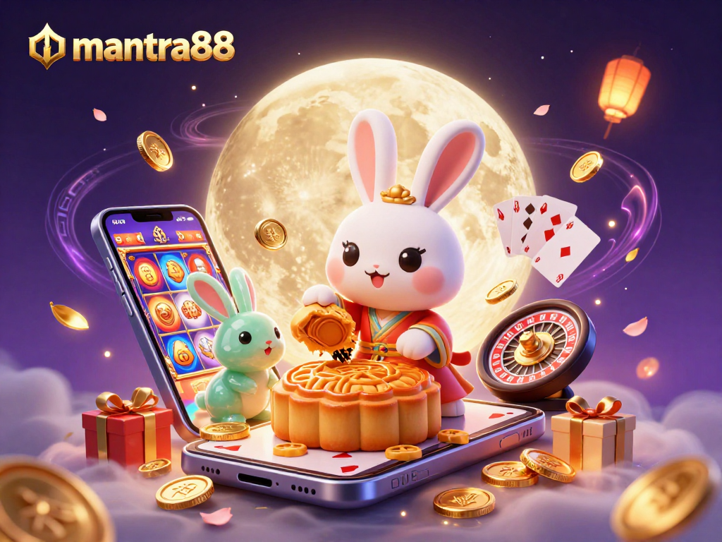 Experience winning thrills at mantra88 with a vibrant 3D scene filled with casino games and festive elements.