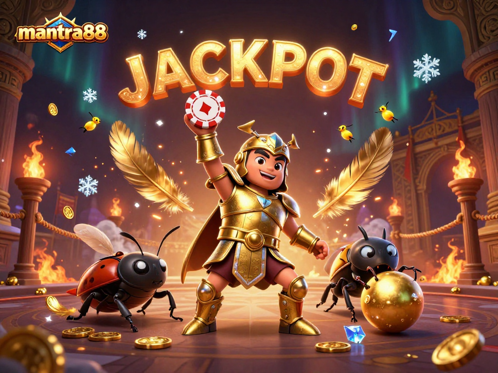 Experience the thrill of mantra88 with a victorious hercules beetle and dung beetle in a dynamic casino setting.