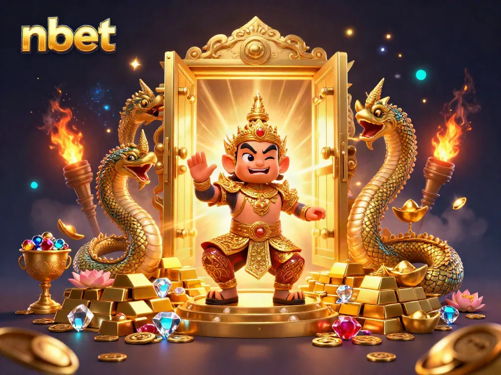 Experience the thrill of nbet with vibrant gold treasures and a friendly yaksha guardian.