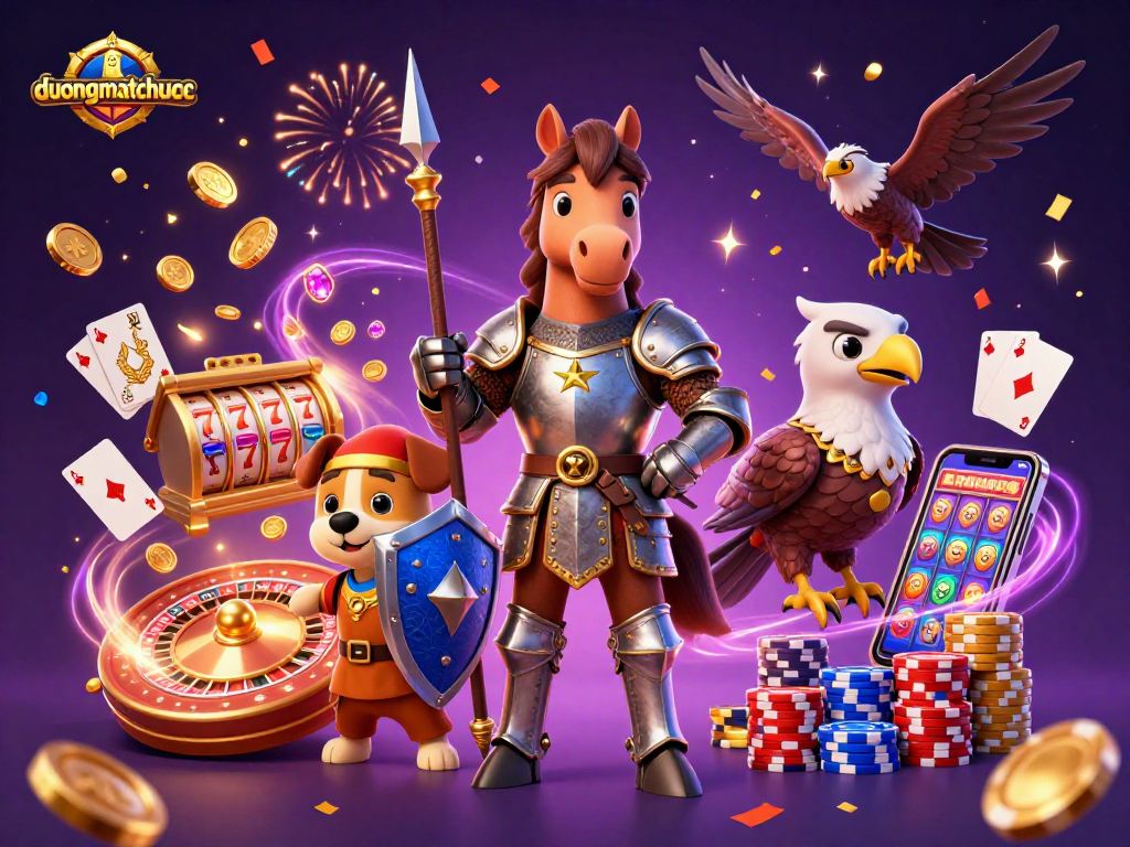 Dive into duongmatchuoc thrills as a knight, squire, and falcon celebrate with slots and coins!