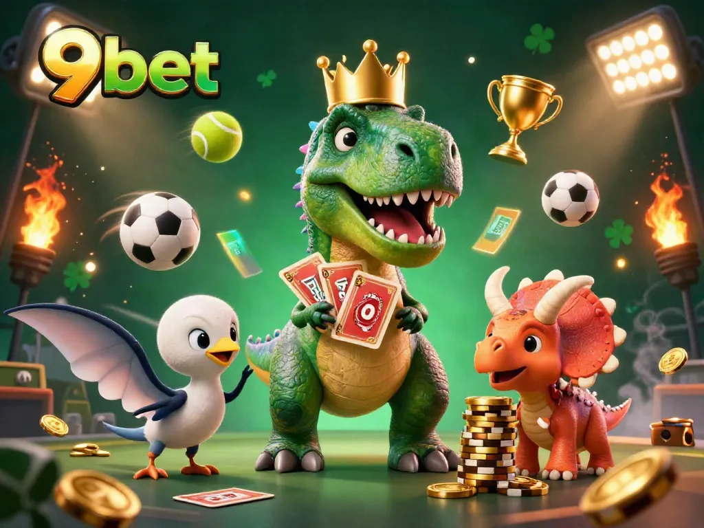 Engage with 9bet's thrilling atmosphere as friendly dinosaurs shuffle cards and stack chips in a vibrant casino scene.