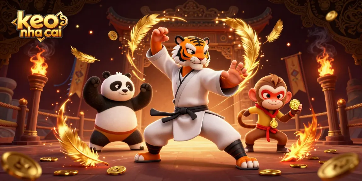 Engage in keo nha cai with a dynamic scene of a kung fu tiger and panda, amid swirling golden betting elements.