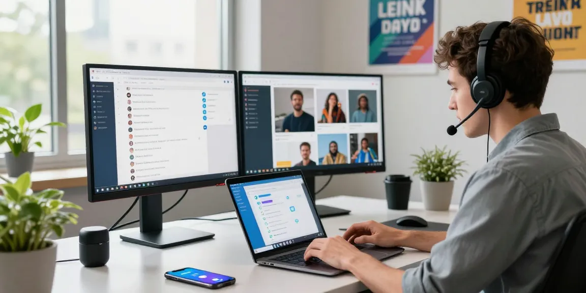 Engaged user utilizing Telegram Web in a modern office setting, showcasing collaboration and productivity.