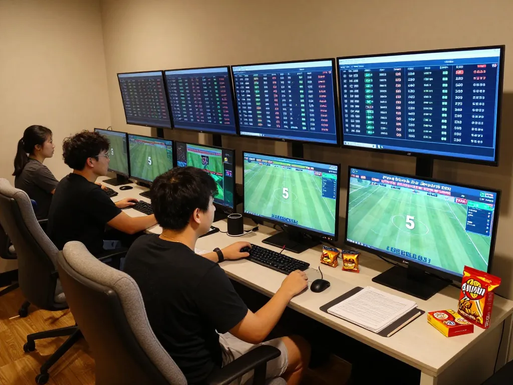 Focus on online sports betting setup showcasing tỷ lệ kèo nhà cái 5 with multiple screens and strategy notes