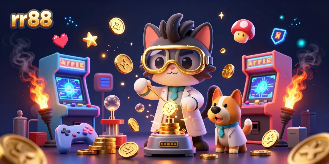 Experience blockchain gaming fun with rr88's vibrant illustration of a mad scientist cat and dog, showcasing arcade machines and casino elements.