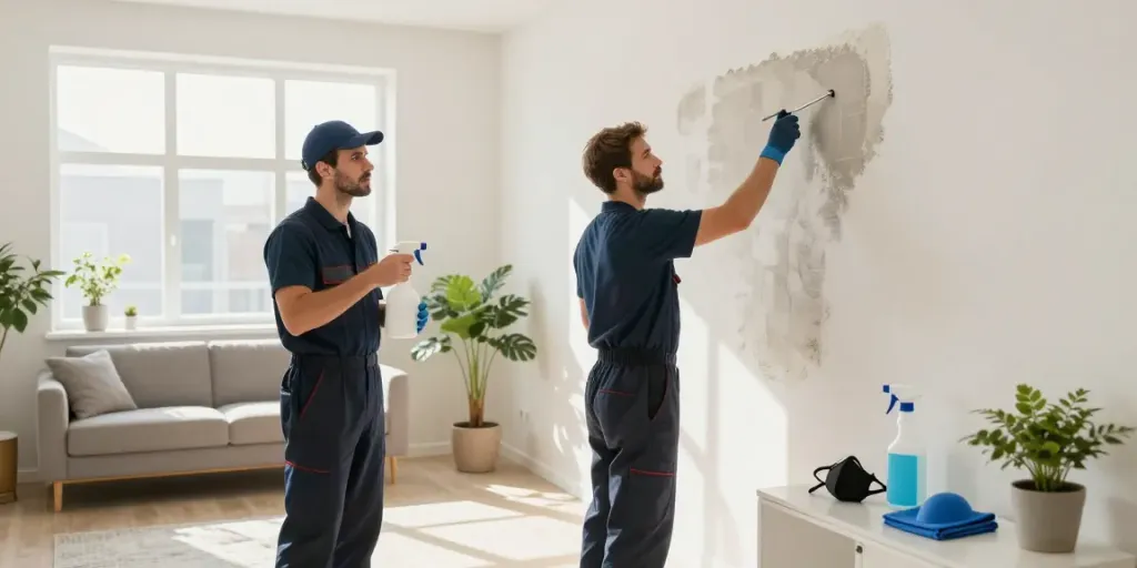 limpieza y desinfección de moho en Barcelona, técnico aplicando solución limpiadora en una pared en un hogar moderno y luminoso.