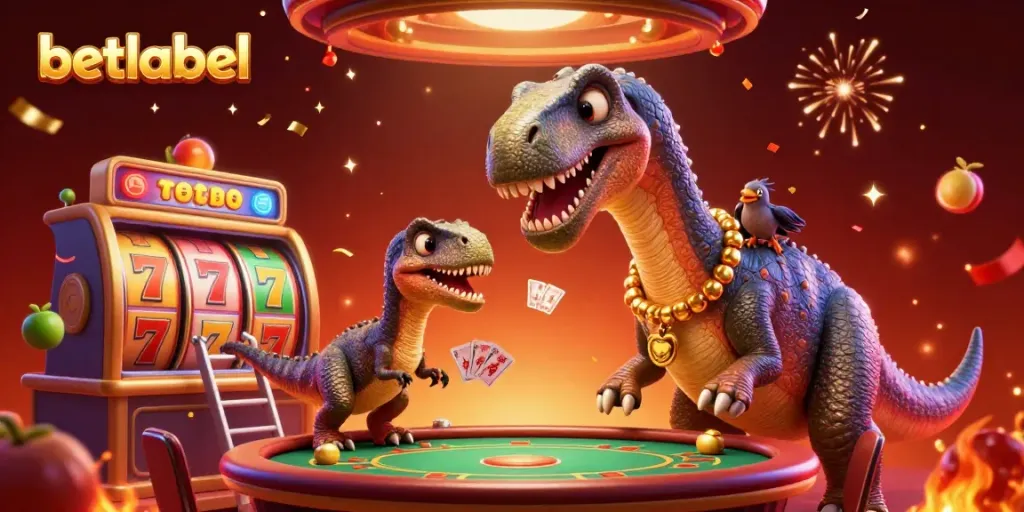 Engage in the exciting world of gambling with betlabel, featuring a playful brontosaurus and dynamic slot elements.