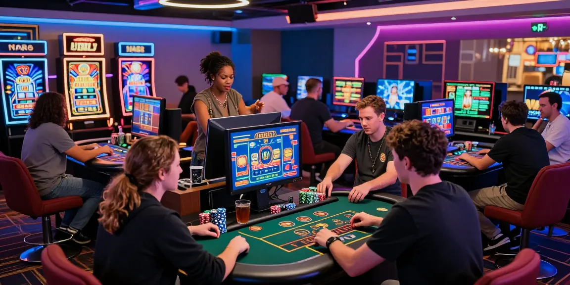 Engaged players at a vibrant gaming table, showcasing https://xx88.se.net/ with various casino games and lively atmosphere.