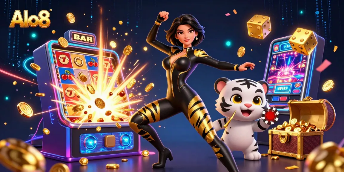 Alo8 offers thrilling casino fun with a vibrant 3D scene showcasing a stunning dealer and exciting game elements.