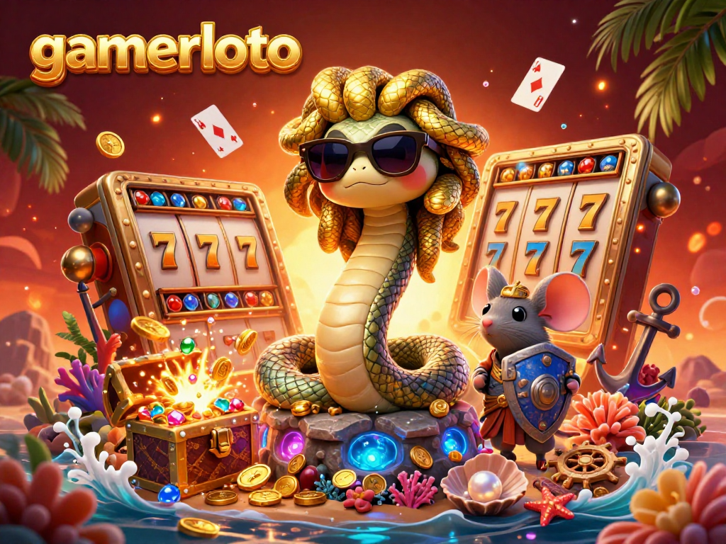Experience gaming at gamerloto with a vibrant Medusa scene surrounded by slot game elements.