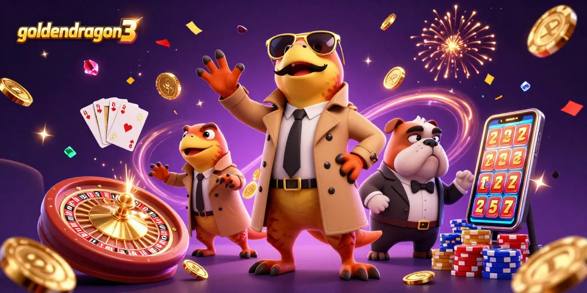 Experience goldendragon3 excitement with raptors in disguise at a VIP casino, sparkly gems, and coins cascading.
