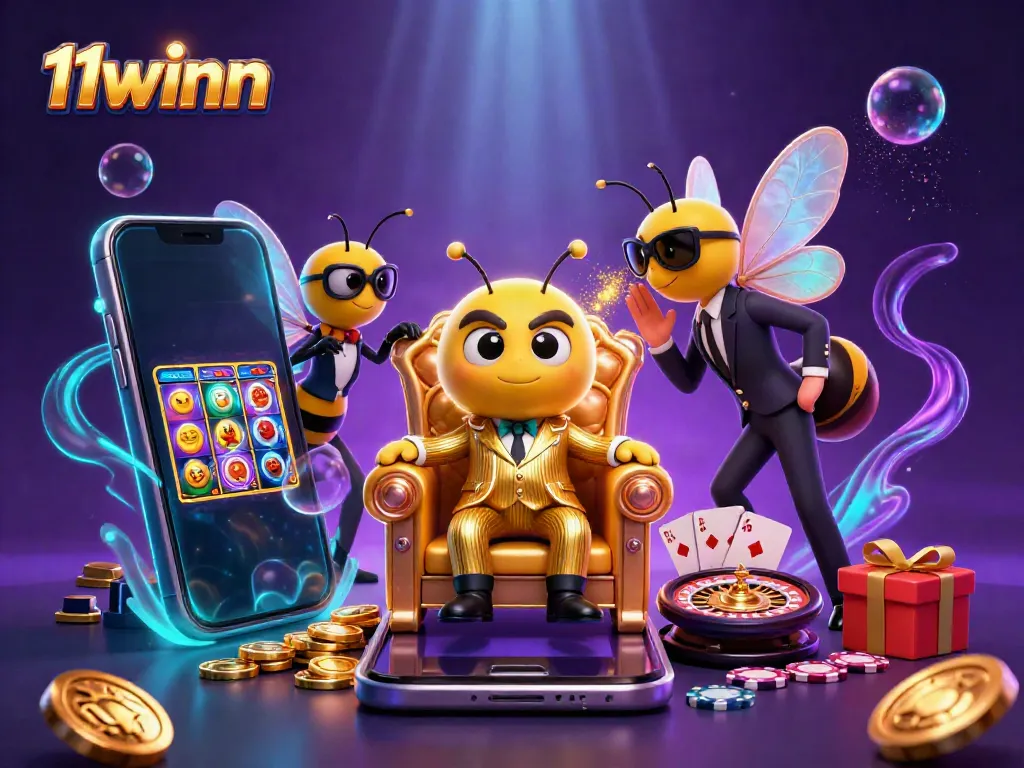 Experience exciting games at 11winn with a vibrant scene featuring animated gambling characters.