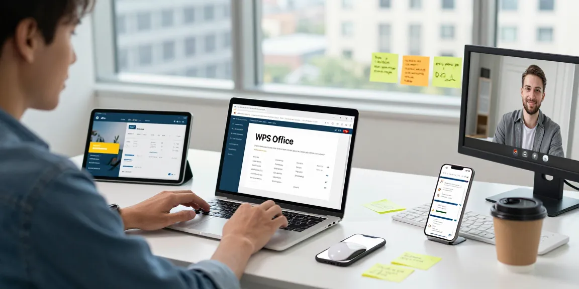 Dynamic workspace featuring WPS Official Website being used for presentations, highlighting modern digital tools and collaboration.