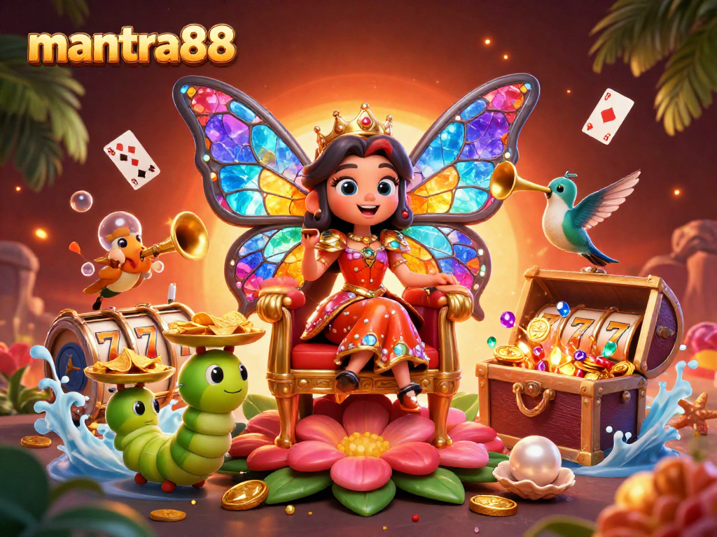 Experience mantra88's vibrant casino atmosphere with a cartoon queen in a dynamic, treasure-filled scene.