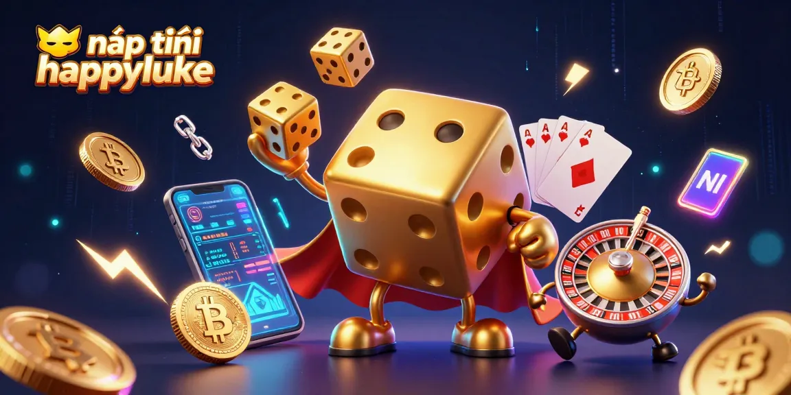 Nạp tiền happyluke featuring dynamic golden dice golem and crypto elements in action.
