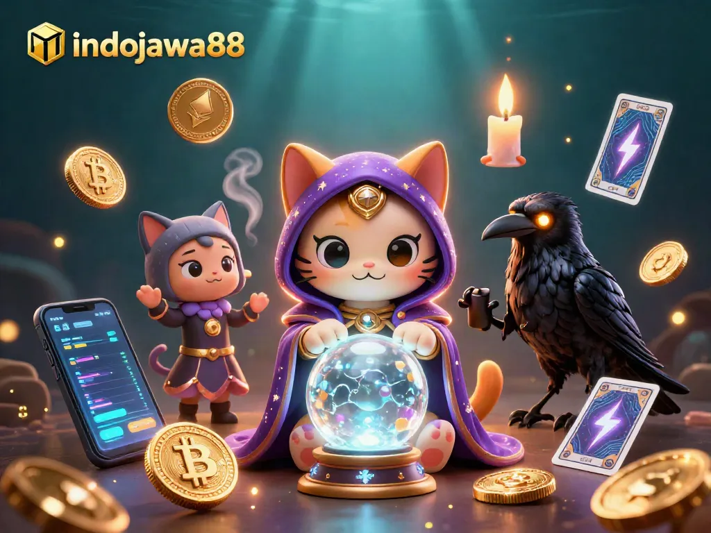 Manfaatkan peluang permainan di indojawa88 dengan ilustrasi kasino menarik, kucing mistik, dan elemen crypto.