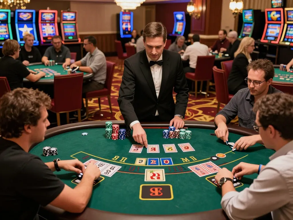 Players enjoy blackjack at O8 casino tables under warm lighting, immersed in thrilling gameplay