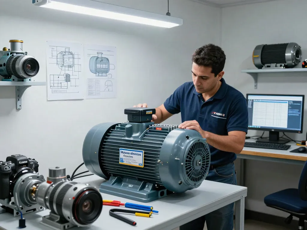 Inspección de motores eléctricos en Venezuela en un taller especializado, con herramientas y diagramas técnicos alrededor.