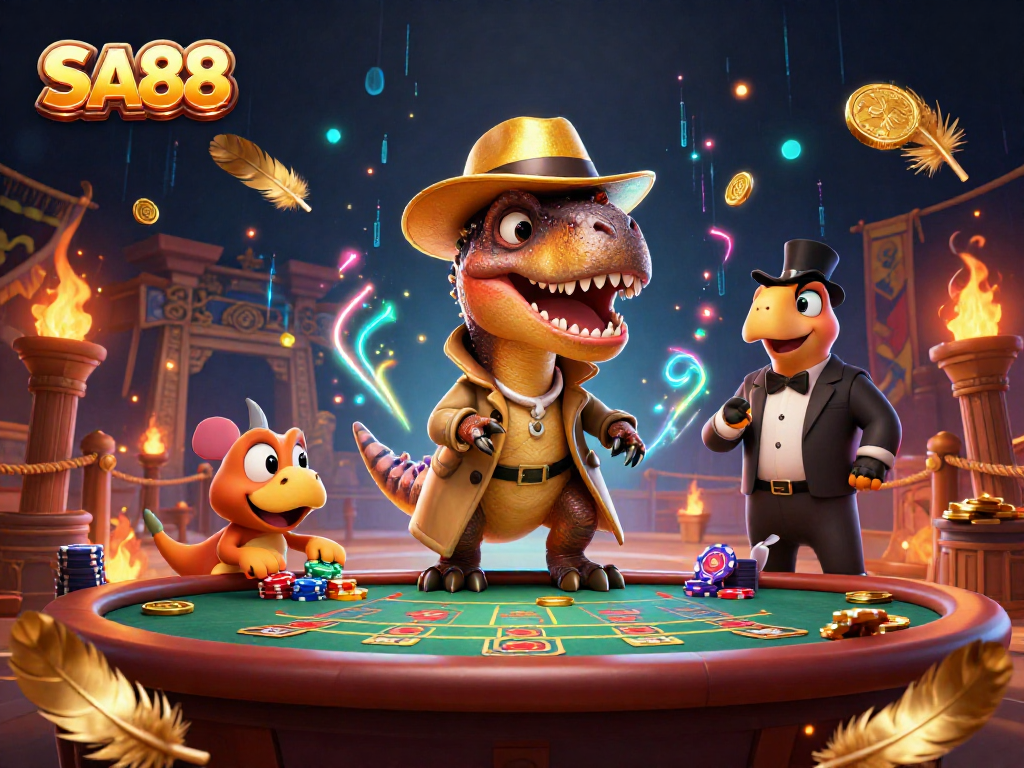 SA88 gamblers engaging in a high-stakes blackjack game with animated dinosaurs, illustrating thrilling casino action.