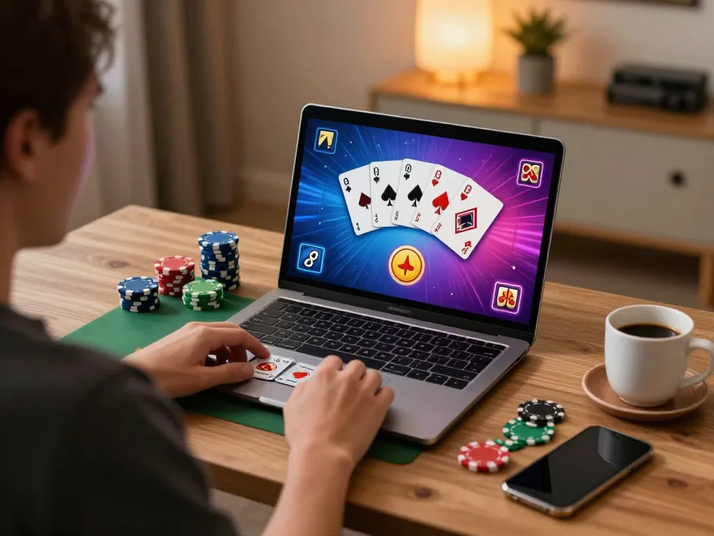 fly888 player engaging in online casino gameplay with vibrant graphics and cozy home setup