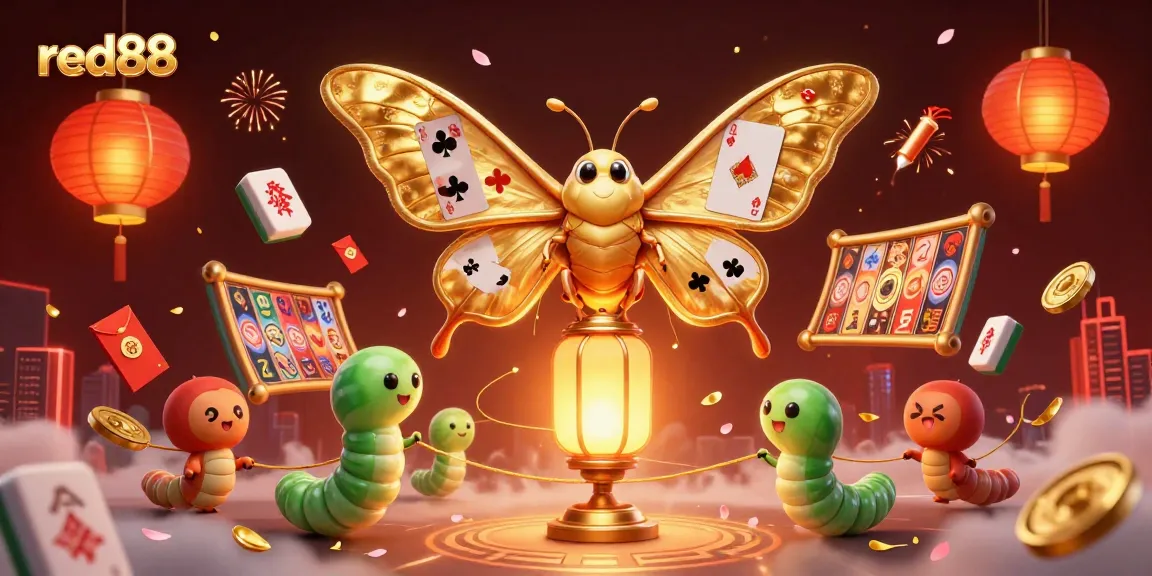 Play at red88 with an illustration featuring vibrant casino elements and a majestic atlas moth.