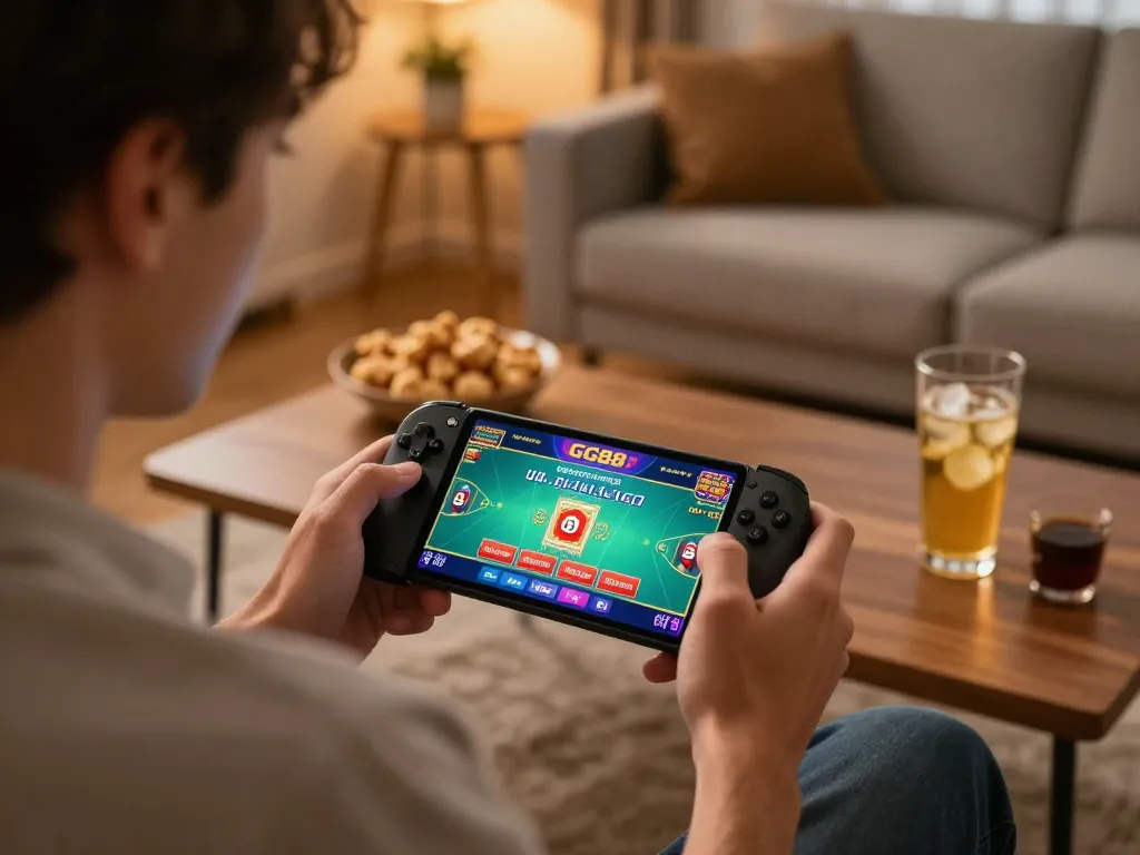 Player enjoying mobile gaming on nhà cái gg88 app in cozy home atmosphere with vibrant screen and snacks.