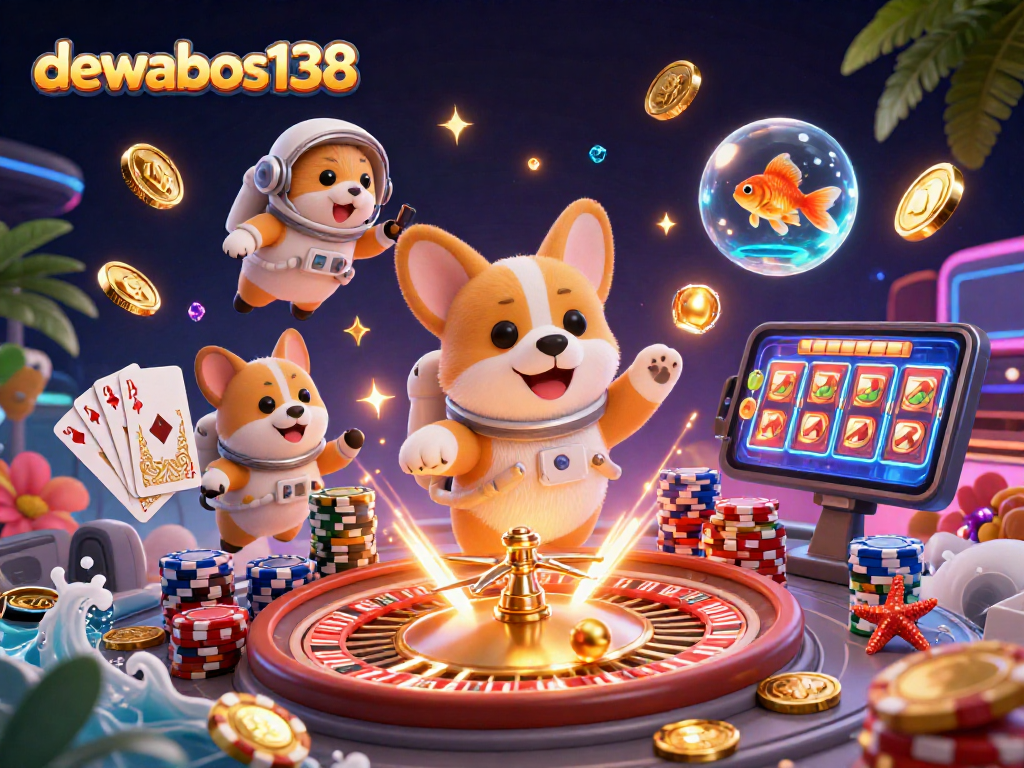 Join the excitement with dewabos138 as a cartoon astronaut corgi explores a vibrant space casino.