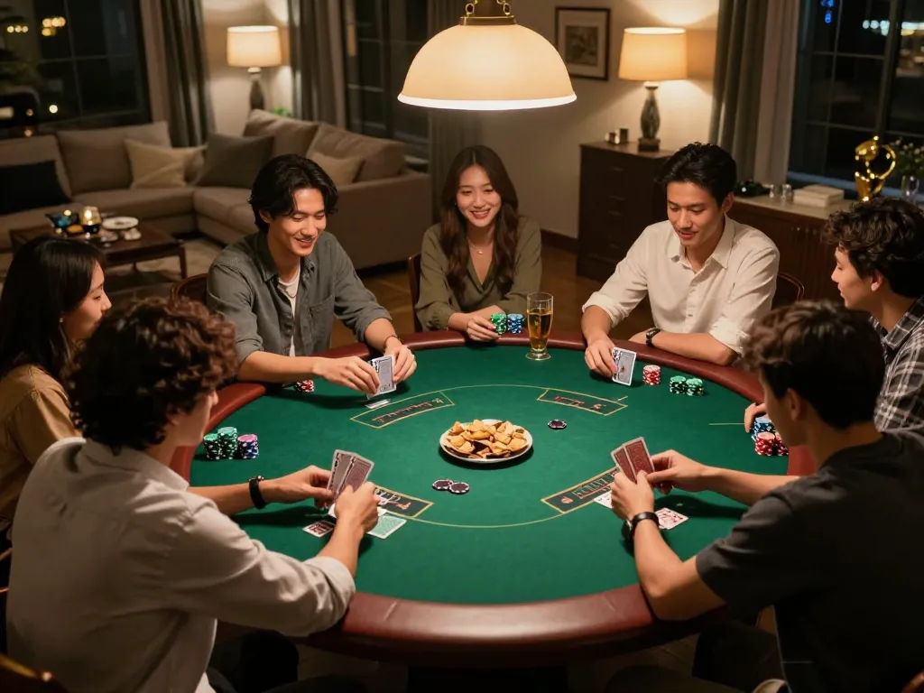 Friends enjoying a poker night at home, emphasizing the fun and strategic gameplay at RR88.