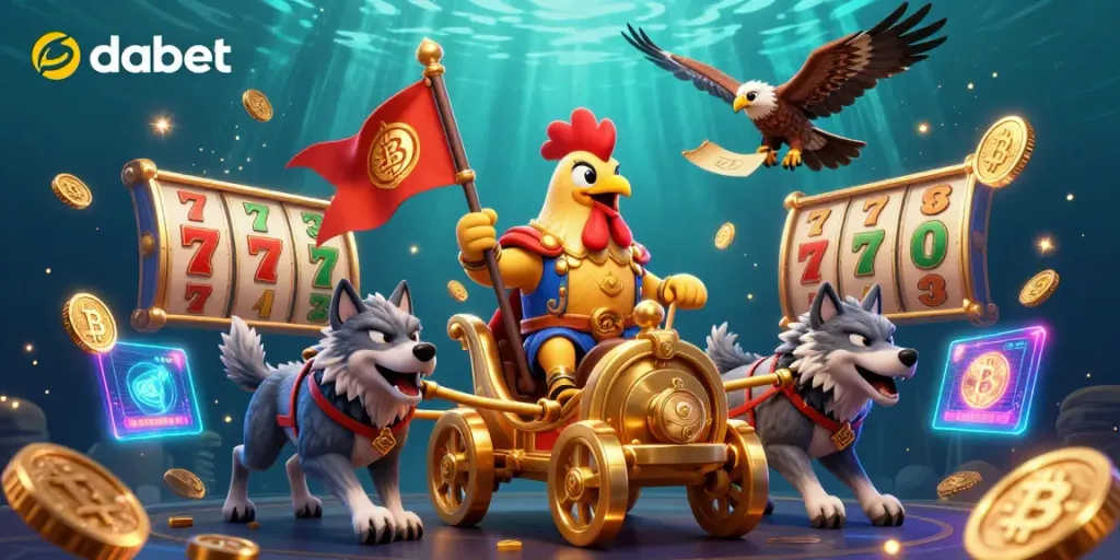 dabet offers thrilling gameplay with a 3D rooster warlord riding a golden chariot in a packed casino scene.