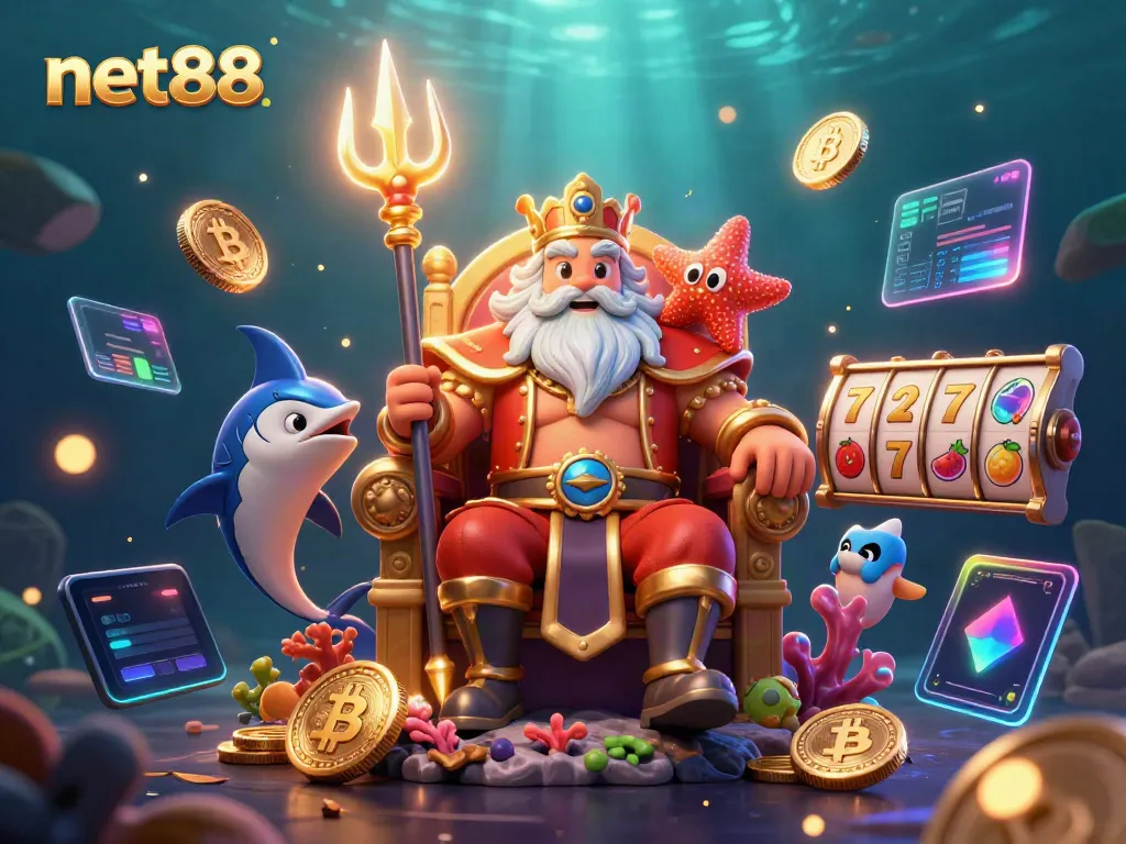 Experience net88’s vibrant gaming world with Neptune, samurai, and glowing crypto coins.