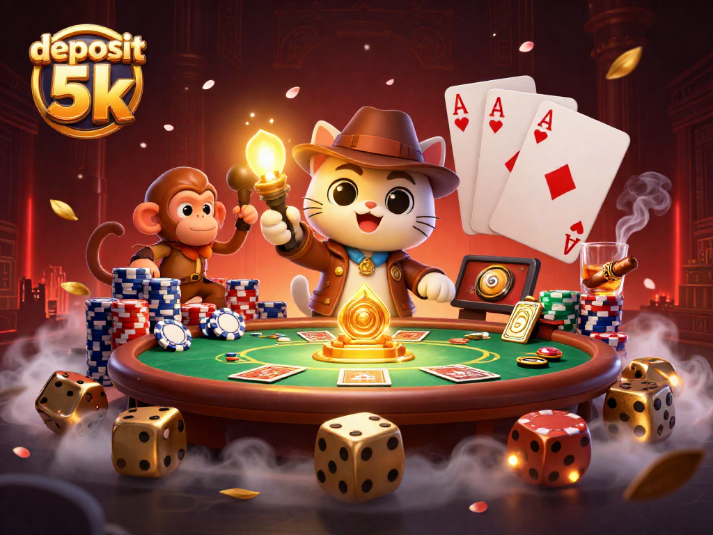 Engage in exciting gameplay with a cartoon character alongside a poker table, showcasing deposit 5k.