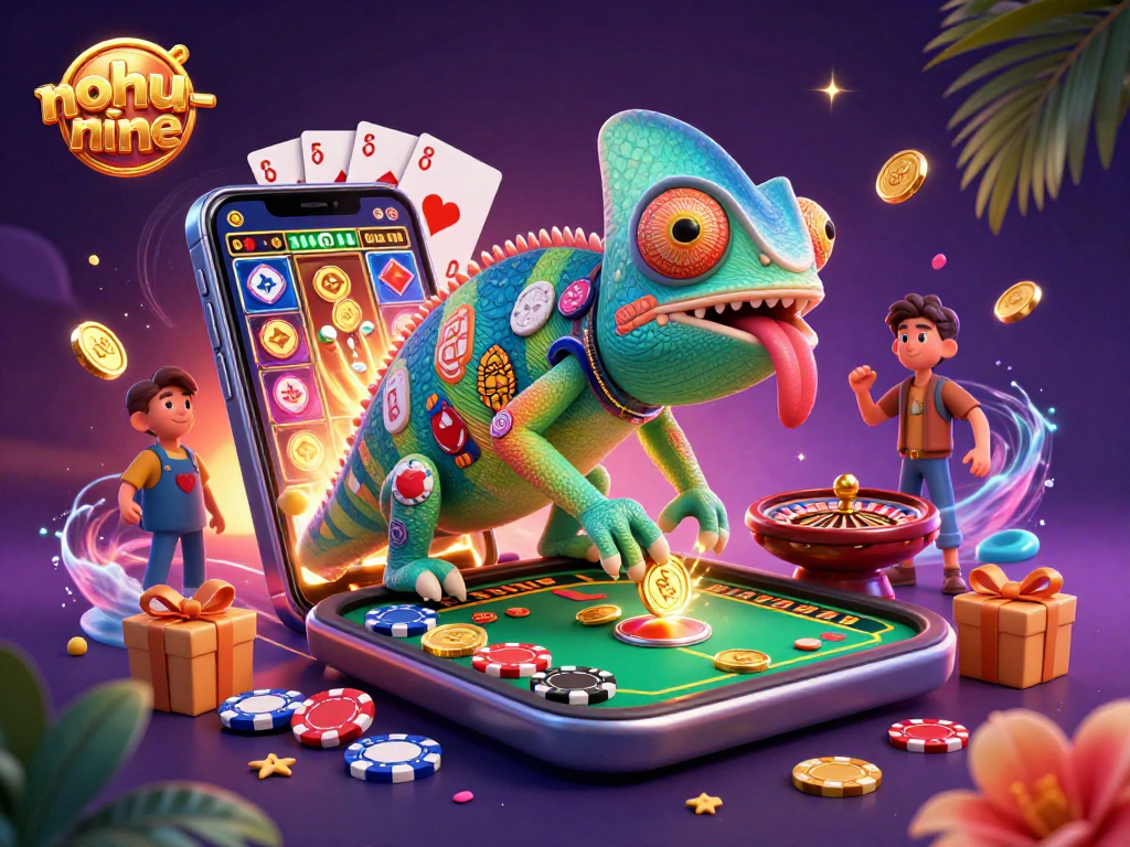 Nohun-nine showcases an engaging casino scene with a colorful chameleon and casino elements.