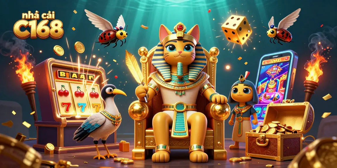 Experience the excitement of nhà cái C168 with a colorful casino scene featuring a pharaoh cat and jackpot thrills.