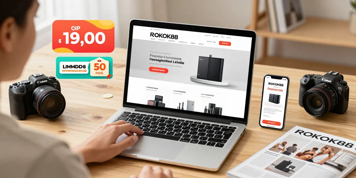 Engaging e-commerce scene featuring ROKOK88 products in a user-friendly layout, showcasing vibrant promotional offers and a customer excited about online shopping.