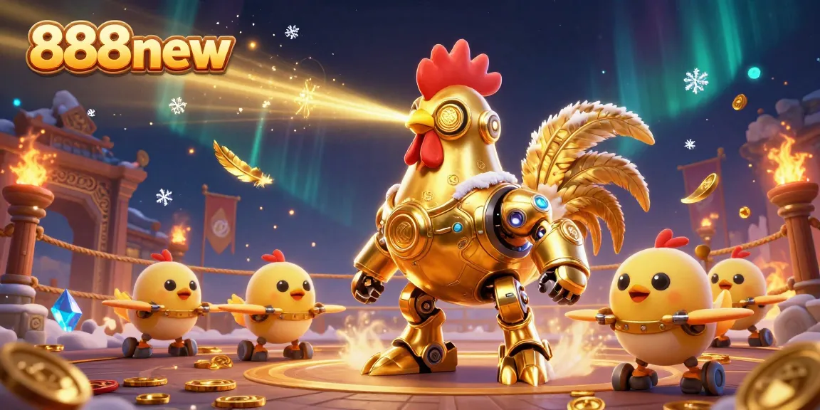 Bet on thrilling 888new games with a golden rooster robot and baby chick drones in a vibrant casino scene.
