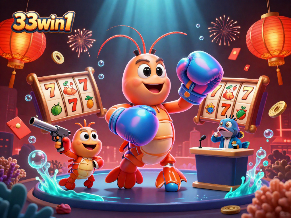 Engage with thrilling 33win1 slots featuring vibrant mantis shrimp and rich casino elements.