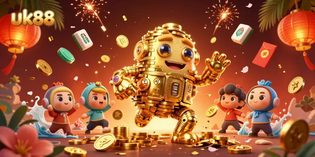 Experience high-stakes excitement with the uk88 golden golem amidst vibrant gaming elements