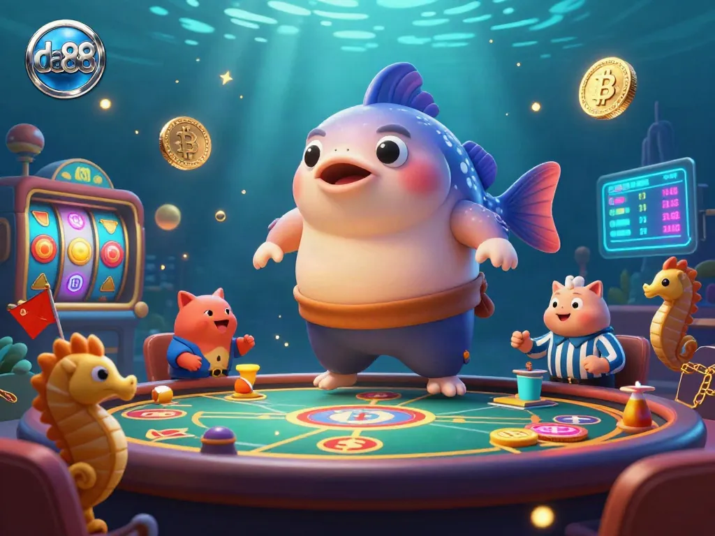Join the exciting action at da88 with a colorful underwater casino featuring a fugu in a sumo belt, enhancing player experience.