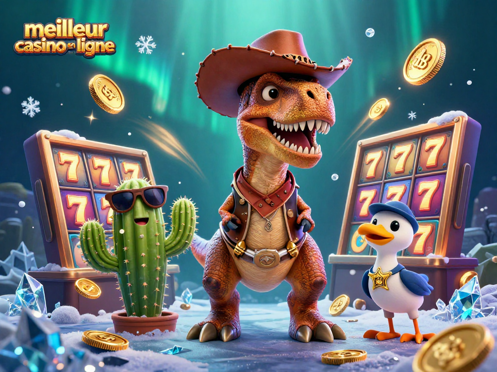 Jouez avec le meilleur casino en ligne, représentation dynamique d’un T-Rex et de ses amis au milieu de machines à sous.