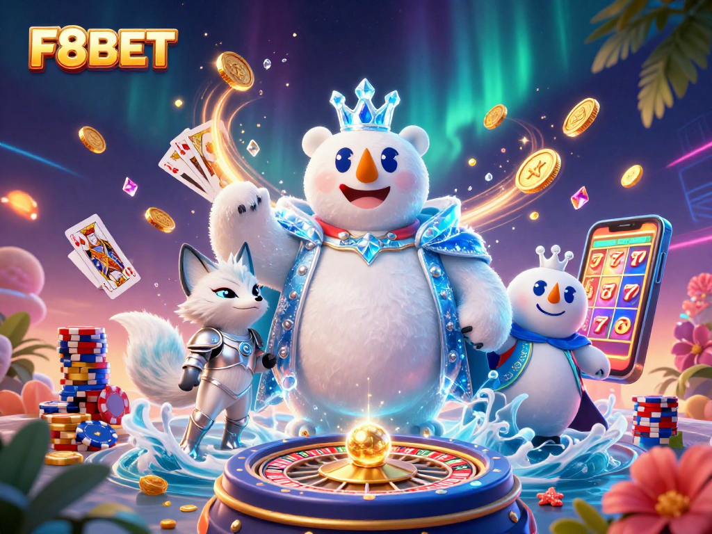 Experience the exciting world of F8BET with a lively casino illustration showcasing gaming elements and vibrant characters.