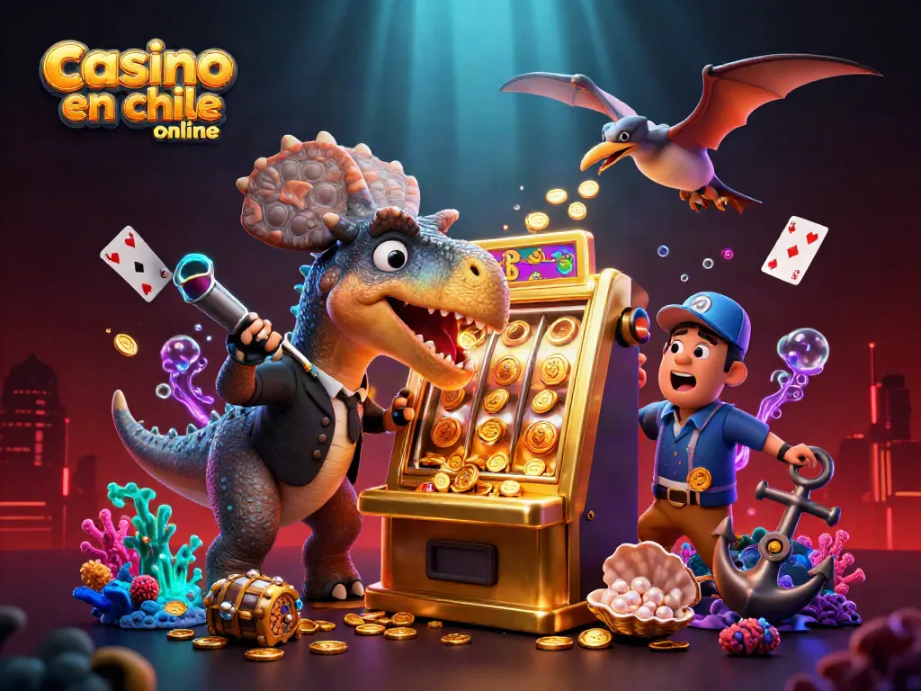 Ilustración 3D con un pachycephalosaurus en un casino en Chile online, ganando monedas de jackpot.