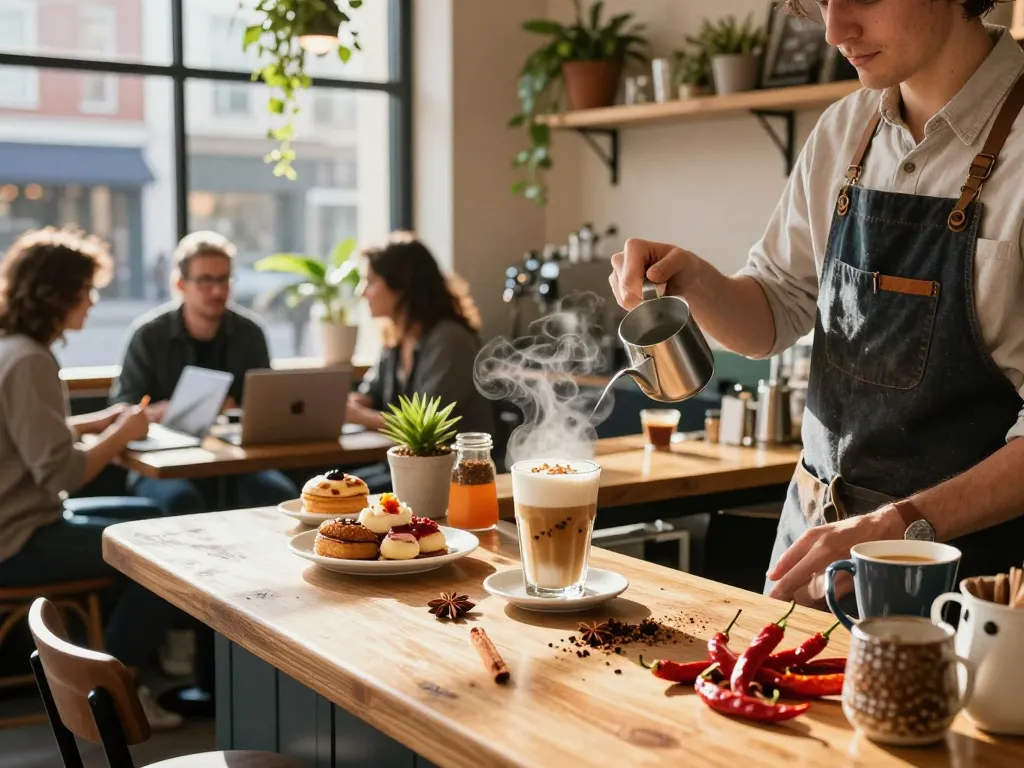 Barista preparing a spicy ai beverage in a vibrant café filled with colorful spices and a lively atmosphere