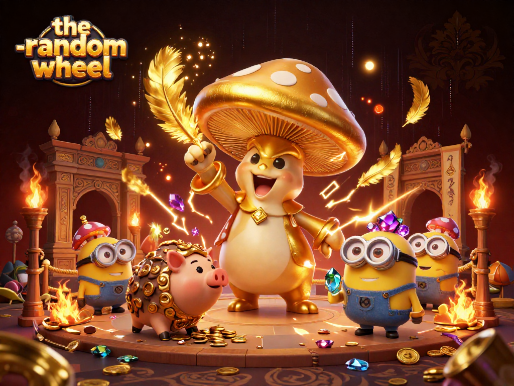 Spin and win with the-random-wheel, showcasing a golden mushroom wizard and treasures.