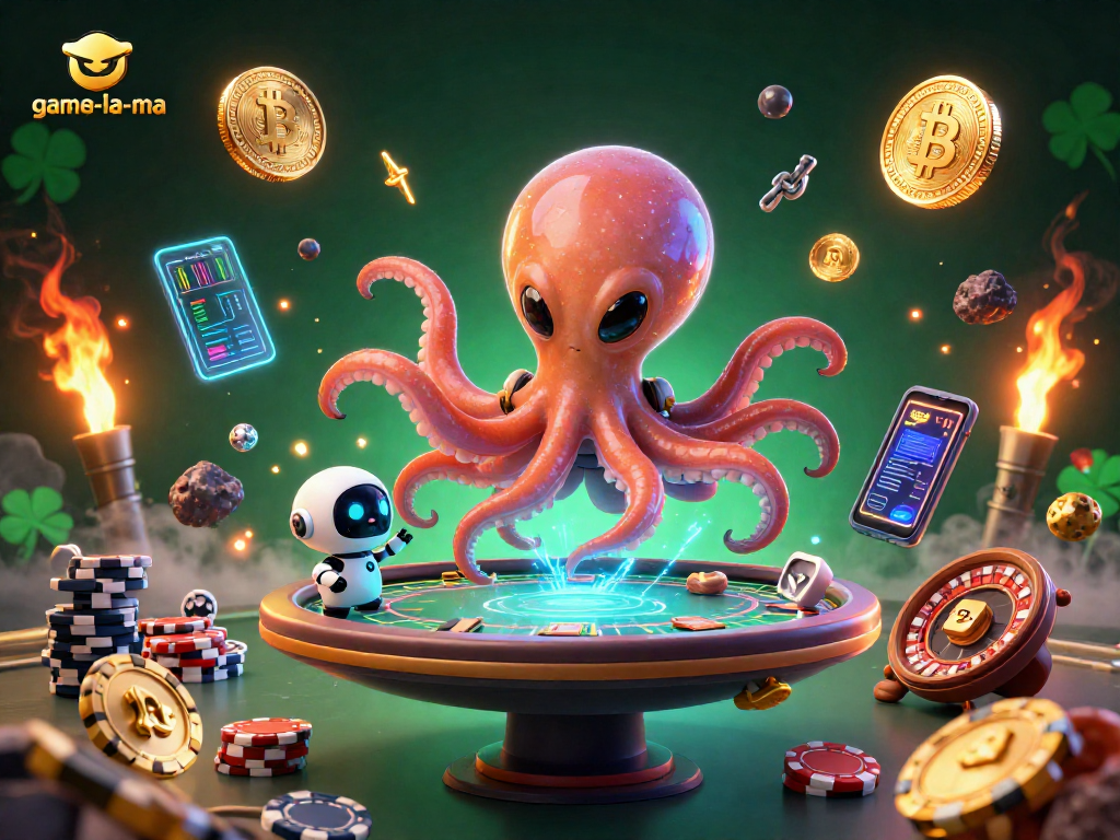 game-la-ma poker scene featuring an alien octopus and robot companion in a vibrant casino