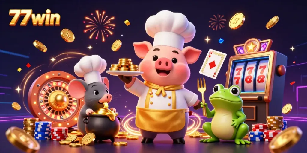 Win big with 77win as a chef pig serves gold coins in this lively casino scene.