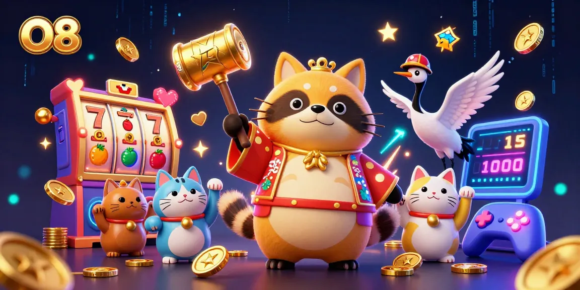 Players engage with the lively O8 slots scene featuring cheerful tanuki, vibrant symbols, and lucky coins.